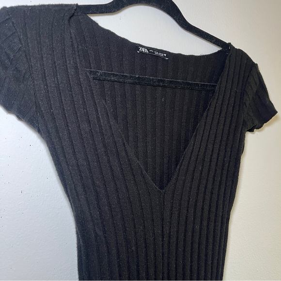 Zara V-Neck Black Dress with Center Slit Size Small - Picture 3 of 6